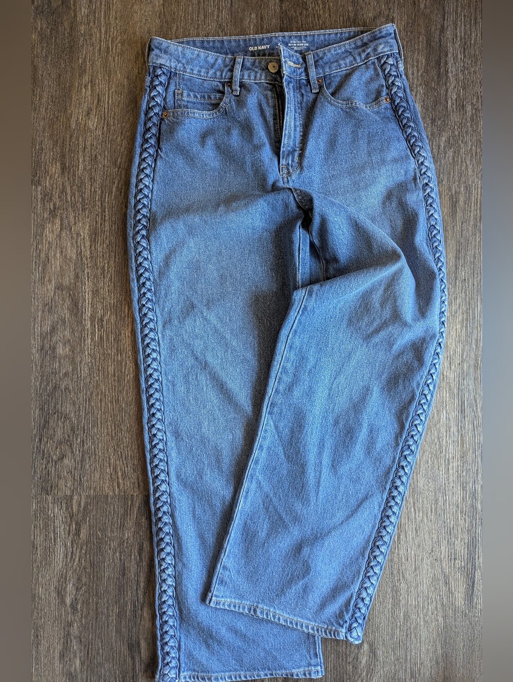 Old Navy Medium Blue Extra High Rise Braided-Trim Wide Leg Jeans